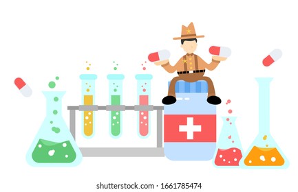 cowboy america and experiment laboratory medicine drug health cartoon doodle flat design style vector illustration