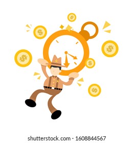 cowboy america man pick time clock cartoon doodle flat design style vector illustration