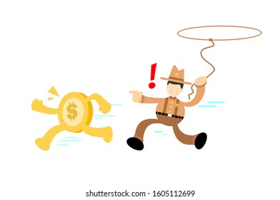 cowboy america pick gold coin and run from each other cartoon doodle flat design style vector illustration