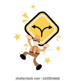 cowboy america and two direction path road sign cartoon doodle flat design style vector illustration