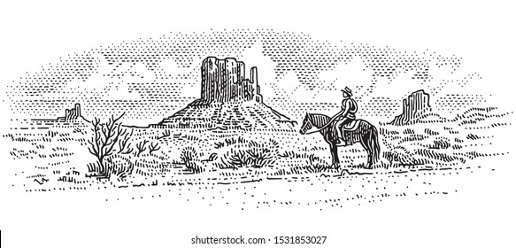 Cowboy in american desert landscape, western landscape engraved line illustration, wild west. Vector, sky in separate layer. 