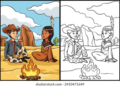 Cowboy with an American Indian Girl Illustration