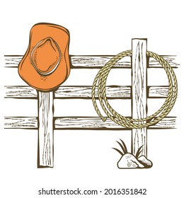 Cowboy American ranch with cowboy hat and lasso on wood fence. Vintage Westerrn symbol hand drawn color illustration isolated on white.