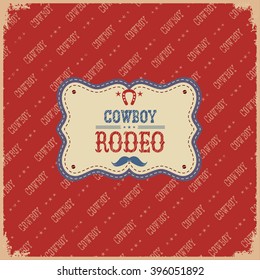 Cowboy american rodeo card.Vector label on red background