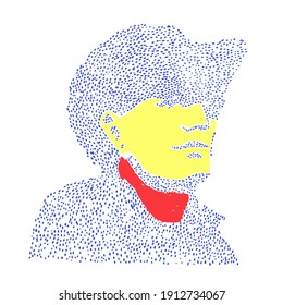Cowboy art face in pointillism style. Color print on white background