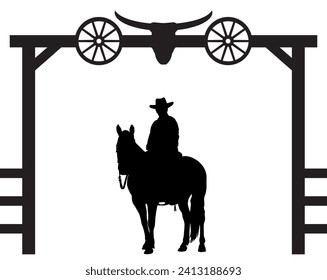 A cowboy astride a horse under a unique ranch entrance gate in silhouette