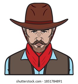 cowboy avatar with vest, scarf and cowboy hat. upper body, comic.