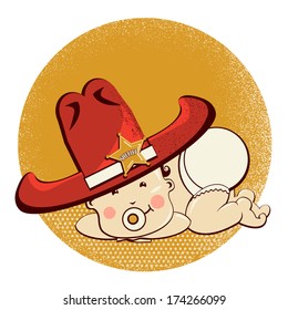 Cowboy baby with big western hat.Vector funny illustration