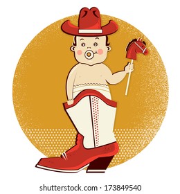 Cowboy baby sit in western american boot.Vector poster 