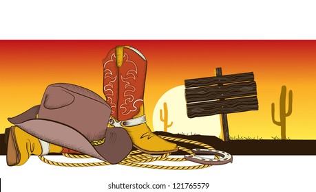 Cowboy background with american clothes.Desert landscape and wood billboard