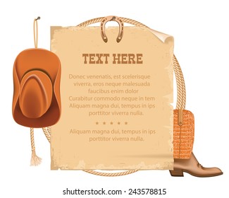 Cowboy background with Wild West cowboy hat and boot. Vector  old paper background for text isolated on white