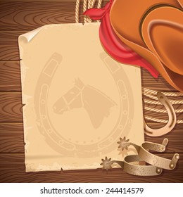 Cowboy background. Wild west background with cowboy hat and American lasso. Cowboy vector old paper for text on wood table