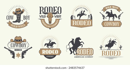 Cowboy badges. Rodeo games active character riding on bull recent vector templates