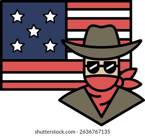 A cowboy with a bandana on his head and sunglasses on his face stands in front of an American flag