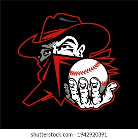 cowboy bandit baseball team mascot holding ball for school, college or league