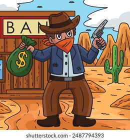 Cowboy Bandit Colored Cartoon Illustration
