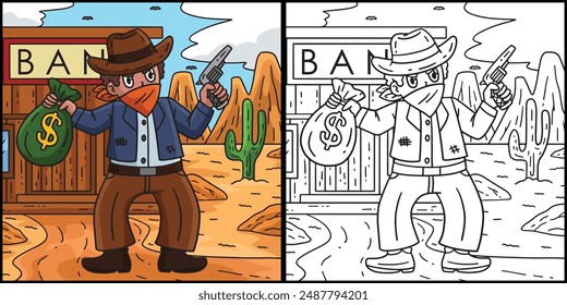 Cowboy Bandit Coloring Page Colored Illustration