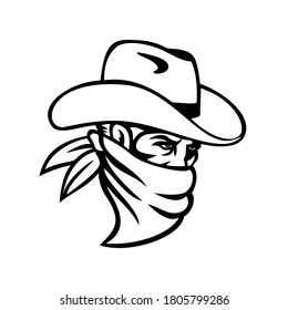 Cowboy Bandit or Outlaw Wearing Face Mask Side View Mascot Black and White