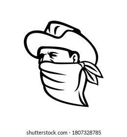 Cowboy Bandit or Outlaw Wearing Face Mask Looking Side Mascot Black and White