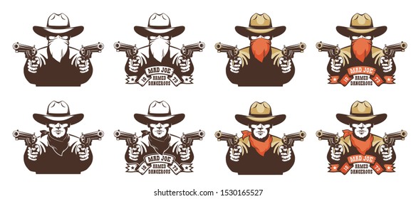 Cowboy bandit from the wild west with guns in his hands. Robber in a cowboy hat with pistols and bandana mask on his face. Isolated vector illustration.