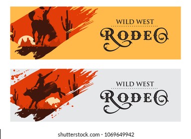 Cowboy banners, Rodeo cowboy riding bull and horse, Vector Illustration