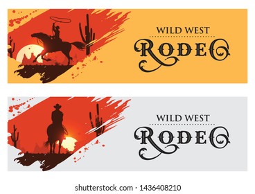 Cowboy banners, Rodeo cowboy riding horse, Vector Illustration