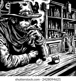 Cowboy in a bar smoking a cigarette looking badass vector graphics for decoration