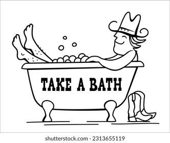Cowboy bathing. Vector cowboy bathing in bathtub vector hand drawn illustration isolated on white for design. Cute cowboy.
