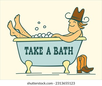 Cowboy bathing. Vector colored cowboy bathing in bathtub vector hand drawn illustration for design. Cute cowboy.