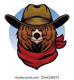 Cowboy Bear Face Drawing Wearing Bandana in Vintage Style Full Color