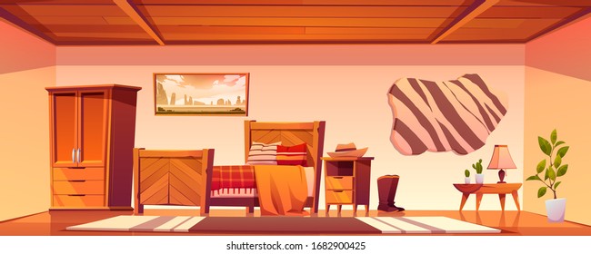 Cowboy bedroom interior with bed, wardrobe and hat on nightstand. Vector cartoon illustration of empty room in rural house in wild west, western ranch with bull skin on wall and wooden furniture