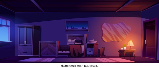 Cowboy bedroom interior at night. Vector cartoon illustration of empty room in rustic house or ranch with wooden bed, wardrobe, hat on nightstand, bull skin on wall and lamp light