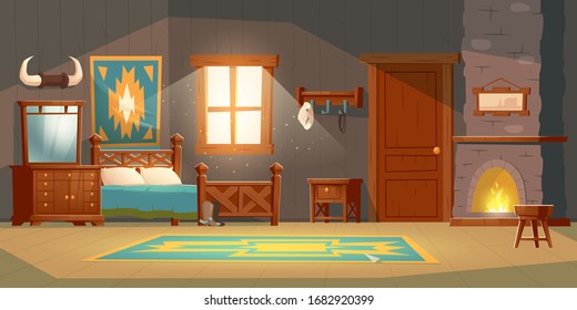 Cowboy bedroom interior with wooden bed, nightstand, fireplace and hat on hanger. Vector cartoon illustration of room in rustic house in wild west, western ranch with bull horns, carpet and mirror