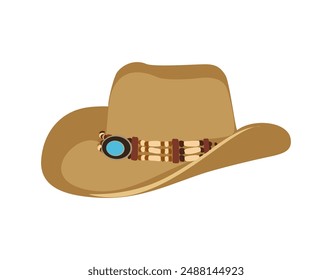 Sombrero vaquero beige con decoraciones occidentales tradicionales. Estilo de moda del oeste salvaje. Ilustración realista del Vector del sombrero de la vaquera aislado en el fondo blanco.	