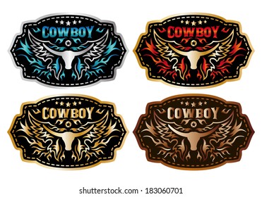Cowboy belt buckle vector design - collection set - longhorn and cowboy