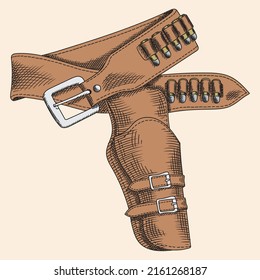 Cowboy Belt And Empty Revolver Holster Isolated On A Beige Background.