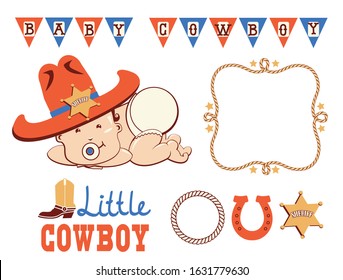 Cowboy birthday party set. Cowboy baby in Western hat and sheriff star. Vector holiday set isolated on white