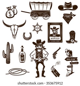 Cowboy black white icons set with Wild West symbols flat isolated vector illustration 