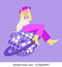 Cowboy blonde girl sitting on the disco ball. Cowgirl with purple hat. Vector illustration in wild west, disco, cosmic cowboy concept