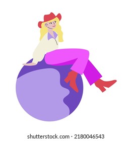 Cowboy blonde girl sitting on the planet. Cowgirl with red hat and boots on isolated background. Vector illustration in wild west, disco, cosmic cowboy concept