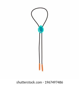 Cowboy bolo tie flat cartoon icon design element. Male fashion accessory isolated on white background. Bolo tie with decorative metal tips. Fashionable stuff. Vector illustration