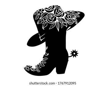 Cowboy boot black silhouette for text or decoration. Vector Cowgirl party printable illustration isolated on white. Western boot and hat background