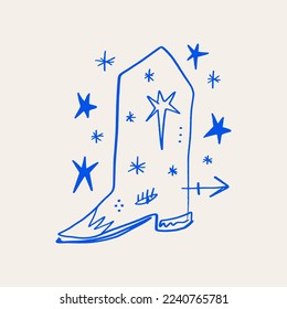 Cowboy boot boho Vektorkunst abstrakte moderne Kunst, heilige westliche minimalistische handgezeichnete Silhouette, mystische Zauberspruch Wüstenästhetik bohemianisches Hippie-Konzept