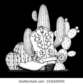 Cowboy boot and cacti sketch. Hand drawn vector illustration. Wild west design. Floral print