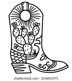 Cowboy boot cactus decoration. Vector hand drawn illustration of Cowboy boot with cactuses decor printable black outline style design. Cowgirl wild west boots.