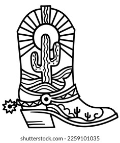 Cowboy boot cactus decoration. Vector hand drawn illustration of Cowboy boot with cactus and sun decor printable black outline style design. Cowgirl wild west boots for print or coloring book