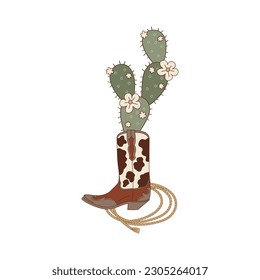 Cowboy boot with cactus and rodeo rope lasso vector illustration. Wild West aesthetic clipart design.