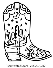 Cowboy boot cactus and stars decoration. Vector hand drawn illustration of Cowboy boot with cactus and night moon decor printable black outline style design. 
