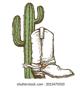 Cowboy boot and cactuses American desert. Vintage Westerrn symbol hand drawn color illustration isolated on white for design.