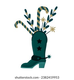 Cowboy boot with christmas decor, plants and sweets isolated vector illustration
